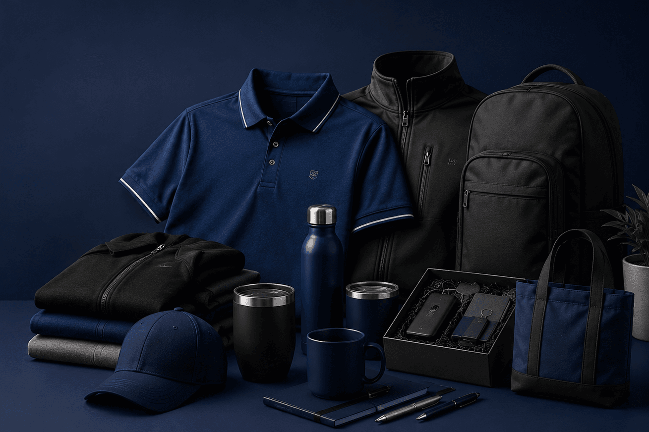Custom branded apparel, drinkware, and corporate gift products